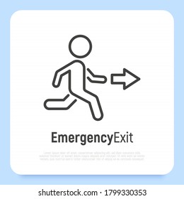 Thin line icon of exit: running man and arrow. Vector illustration.