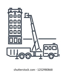thin line icon fire truck, aerial ladder, building