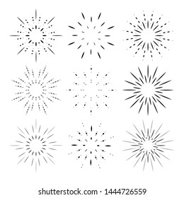 Thin line icon fireworks set. Sun ray shape explosion bursting vector elements