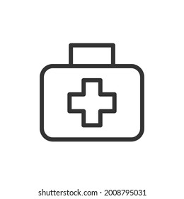 Thin line icon of first aid kit. Vector outline sign for UI, web and app. Concept design of first aid kit icon. Isolated on a white background.
