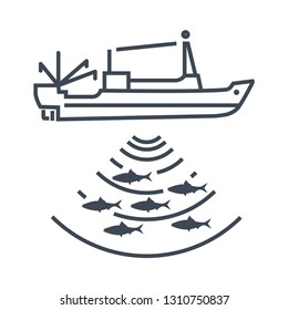 Thin Line Icon Fishing Vessel, Trawler, Seiner, Radar