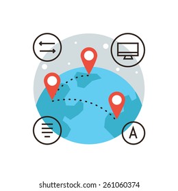 Thin Line Icon With Flat Design Element Of Global Connection, Connect World, Global Transfer Of Information, Travel Around World, Mapping Globalization. Modern Style Logo Vector Illustration Concept.