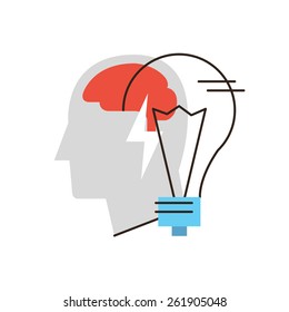 Thin line icon with flat design element of business idea, thinking person, problem solving, human brain, metaphor lightbulb, solution finding. Modern style logo vector illustration concept.