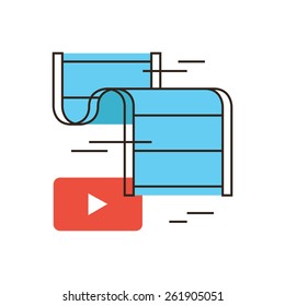 Thin line icon with flat design element of button play, live stream, video player, media clip, watch film, reel of film, demonstration filmstrip. Modern style logo vector illustration concept.
