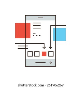 Thin line icon with flat design element of new technologies, download app, install application, mobile smartphone, update software, change firmware. Modern style logo vector illustration concept.