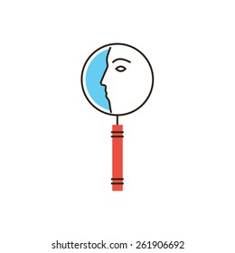 Thin line icon with flat design element of employee search, human resources, hiring people, recruitment of personnel, monitoring of labor market. Modern style logo vector illustration concept.