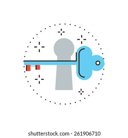 Thin line icon with flat design element of keeping secrets, open door, opportunity unlock, key to info, protection of information, free access. Modern style logo vector illustration concept.