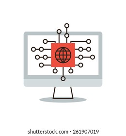 Thin line icon with flat design element of global network, internet connection, business communicate, global coverage, virtual world, remote access. Modern style logo vector illustration concept.