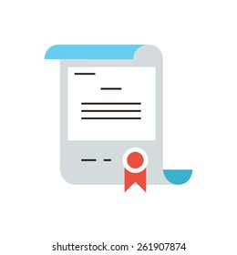 Thin line icon with flat design element of diploma education, gift certificate, guarantee quality, certified document, mark of distinction. Modern style logo vector illustration concept.