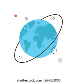 Thin line icon with flat design element of planet Earth, travel around the world, celestial body, astronomical orbit, view from space. Modern style logo vector illustration concept.