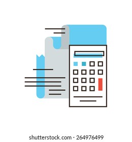 Thin line icon with flat design element of calculation tax, financial income, capital accumulation, paper receipt, payment on account, business market. Modern style logo vector illustration concept.