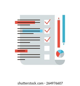 Thin line icon with flat design element of marketing research, customer service feedback, statistics form for checking, checklist analysis, survey market. Modern style logo vector illustration concept