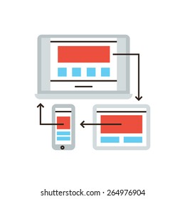 Thin line icon with flat design element of website responsive design technology, webpage content adaptation for computer, mobile phone and digital tablet. Modern style logo vector illustration concept