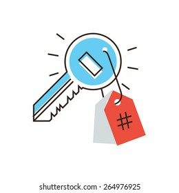 Thin line icon with flat design element of keywords for SEO, popular content, internet hashtag, market promotion, social trend, digital marketing. Modern style logo vector illustration concept.