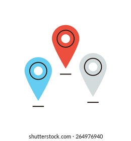 Thin line icon with flat design element of global navigation, positioning location, set of pins, mapping points on map, mark place sign. Modern style logo vector illustration concept.