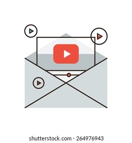 Thin line icon with flat design element of viral newsletter, sharing spam, media marketing, video mail, information dissemination, business promotion. Modern style logo vector illustration concept.