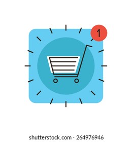 Thin line icon with flat design element of app store market, internet shopping cart, retail sales, web checkout for payment, new application purchase now. Modern style logo vector illustration concept