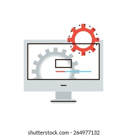 Thin Line Icon With Flat Design Element Of Working Computer, Install New Software, Operating System, Update Support, Mechanism Works. Modern Style Logo Vector Illustration Concept.