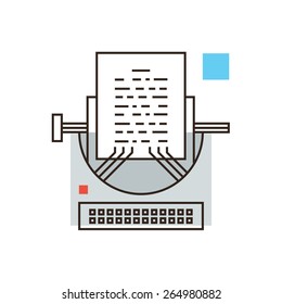 Thin line icon with flat design element of journalistic publishing, writing story, media journalism, black PR, print blog, retro vintage typewriter. Modern style logo vector illustration concept.