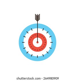 Thin line icon with flat design element of success targeting, direct target hit, successful shot, maximum result, market goal, top score, game of darts. Modern style logo vector illustration concept.