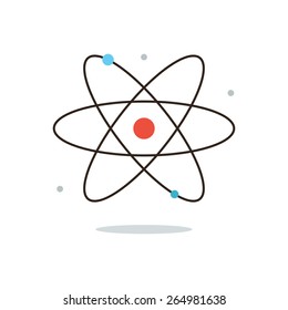 Thin Line Icon With Flat Design Element Of Nuclear Power, Atomic Energy, Model Of Atom, Scientific Research, Smallest Particle, Molecular Structure. Modern Style Logo Vector Illustration Concept.