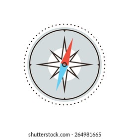 Thin Line Icon With Flat Design Element Of Navigational Compass, Cartography Route, Wind Rose, Discovery Travel, Research Journey, Points North. Modern Style Logo Vector Illustration Concept.