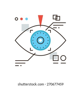 Thin line icon with flat design element of cyber eye vision, eyetap future display, virtual reality technology, personal identification by eye retina. Modern style logo vector illustration concept. 