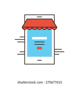 Thin line icon with flat design element of mobile shopping on smartphone, online ecommerce sales, internet shop on mobile phone. Modern style logo vector illustration concept.