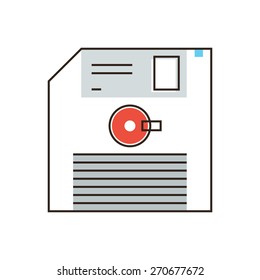 Thin line icon with flat design element of floppy disk, save file, record information, data on retro diskette, media info, outdated memory. Modern style logo vector illustration concept.