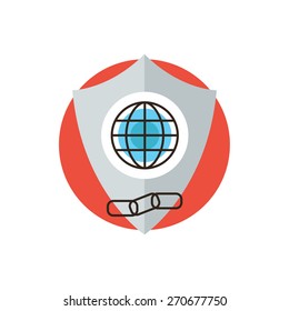 Thin line icon with flat design element of global web protection, security shield connection, secure internet access, protect information from links. Modern style logo vector illustration concept.