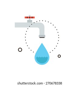 Thin line icon with flat design element of dripping tap, leaking from faucet, economy water, drop of liquid, saving environmental, plumbing service. Modern style logo vector illustration concept.