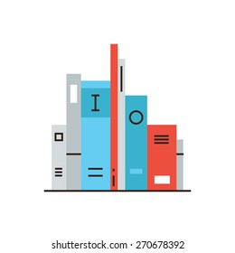 Thin line icon with flat design element of shelf with books, science fiction literature, bookshelf with education information, learn from textbook. Modern style logo vector illustration concept.