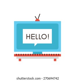 Thin line icon with flat design element of television media advertisement, promotional marketing, advertising splash screen on TV display. Modern style logo vector illustration concept.