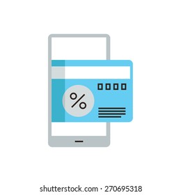 Thin line icon with flat design element of pay by credit card on smartphone, discount price for sale, mobile phone for payment, business ecommerce. Modern style logo vector illustration concept.