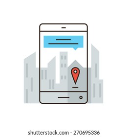 Thin line icon with flat design element of online mapping on smartphone, mobile city map, information about streets, virtual mark, specific location. Modern style logo vector illustration concept.