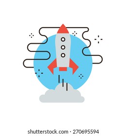 Thin line icon with flat design element of space shuttle takeoff, astronomy exploration mission, rocket launch, travel by spaceship. Modern style logo vector illustration concept.