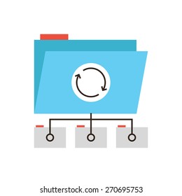 Thin line icon with flat design element of network folder data synchronization, documents archive process, teamwork project file access, info sharing. Modern style logo vector illustration concept.