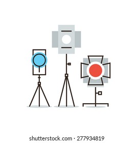 Thin line icon with flat design element of studio lighting equipment, spotlight for cinema or photography, electronic flash for camera, lightning strobe. Modern style logo vector illustration concept.