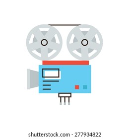 Thin line icon with flat design element of filming movie, film camera, broadcast cinema production studio, theatrical action. Modern style logo vector illustration concept.