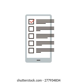 Thin line icon with flat design element of checklist in phone, reminder app smartphone, todo check list, application interface, business organizer. Modern style logo vector illustration concept.