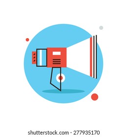 Thin line icon with flat design element of promotion of information through loudspeaker, broadcasting and distribution, speech talking, develop marketing. Modern style logo vector illustration concept