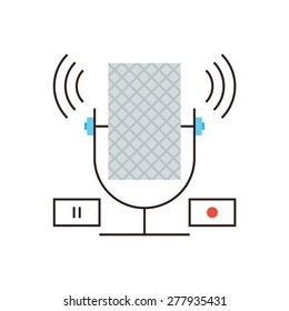 Thin line icon with flat design element of studio microphone recording, music radio broadcasting, live sound record, broadcast voice signal. Modern style logo vector illustration concept.