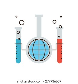 Thin line icon with flat design element of global chemical reaction, science innovation in world of chemistry, laboratory tube and flask, mixing liquids. Modern style logo vector illustration concept.