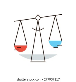 Thin line icon with flat design element of weigh balance scales, independent judiciary and comparison, legal business, state law, libra zodiac. Modern style logo vector illustration concept.