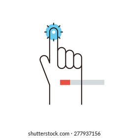 Thin line icon with flat design element of hand touch screen process, clicking finger on a virtual display, touchscreen click gesture on sensitive screen. Modern style logo vector illustration concept