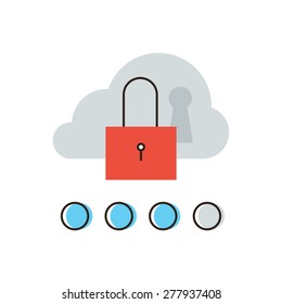 Thin line icon with flat design element of cloud computing security network, internet access to database, hosting server protection, computer system lock. Modern style logo vector illustration concept