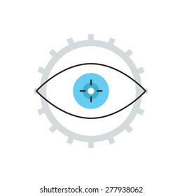 Thin line icon with flat design element of engineering develop cogwheel, development process gear, business workflow vision, target work eye. Modern style logo vector illustration concept.
