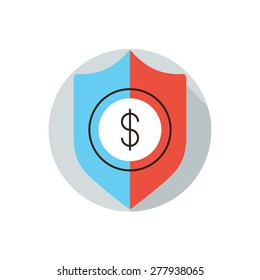 Thin line icon with flat design element of financial security concept, money transfer secure payment, business insurance, protection shield for dollar. Modern style logo vector illustration concept.