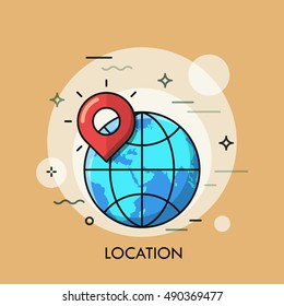 Thin line icon with flat design element of gps location, traveling, globe, opening unknown. Modern style logo vector illustration concept.