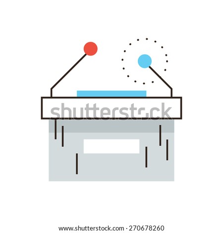 Thin line icon with flat design element of press conference table, business seminar, political campaign speech, presentation podium with microphone. Modern style logo vector illustration concept.